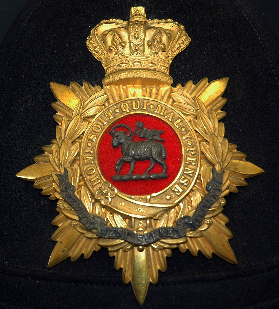 Victorian Home Service Helmet. The Royal West Surrey Regiment. Helmet Plate. Photograph