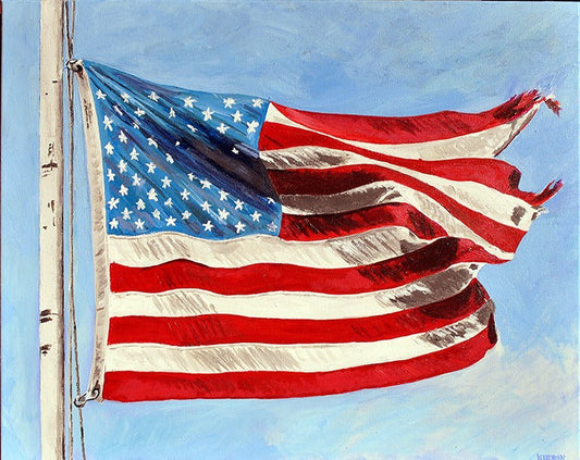 Laurence Kirwan's Stars & Stripes #2 original acrylic painting showing a tattered American flag against blue.