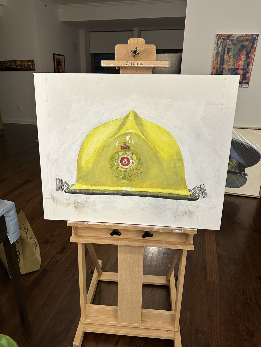 Painting, Helmet,Fire Helmet,  Metro Fire Helmet New Zealand Fire Service, 1984. 24"x30"x1 13/16" acrylic on canvas.