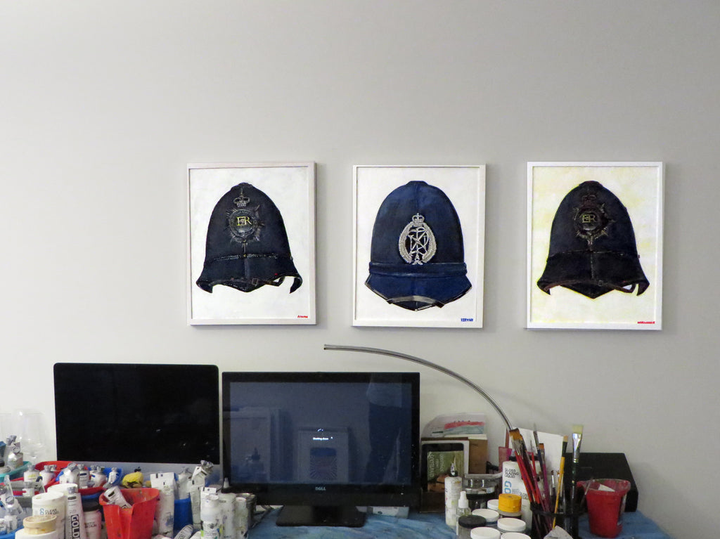 Painting, Helmet, Police Constable Hertfordshire Constabulary Police Helmet Black, Great Britain.16"x20" acrylic on canvas panel.