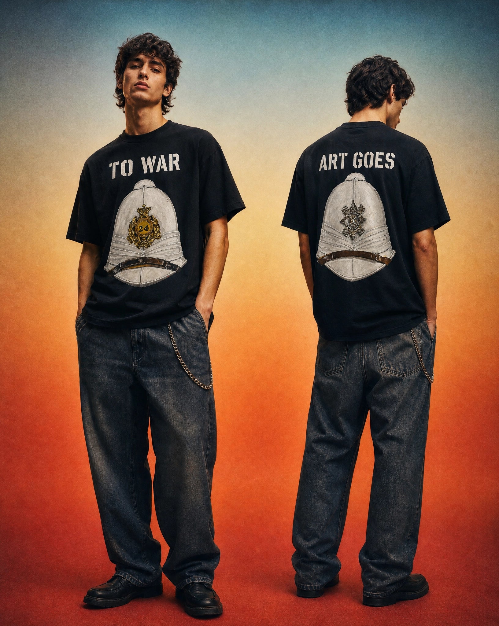 Victorian Foreign Service Helmet, original artwork by Larry Kirwan, front and back view, Art Goes to War T-shirt