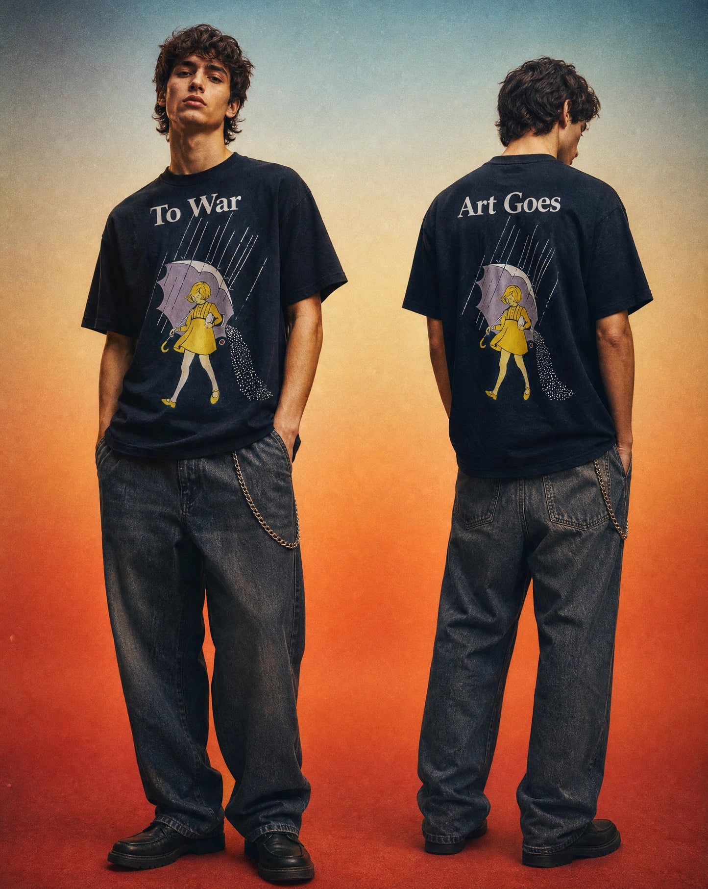 Morton Salt Girl, original artwork by Larry Kirwan, front and back view, Art Goes to War T-shirt