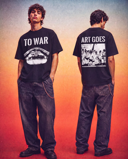Military crusher cap, US Army Nurses disembarking in Greenock, Scotland, 1944, original artwork by Larry Kirwan, front and back view, Art Goes to War T-shirt, black & white