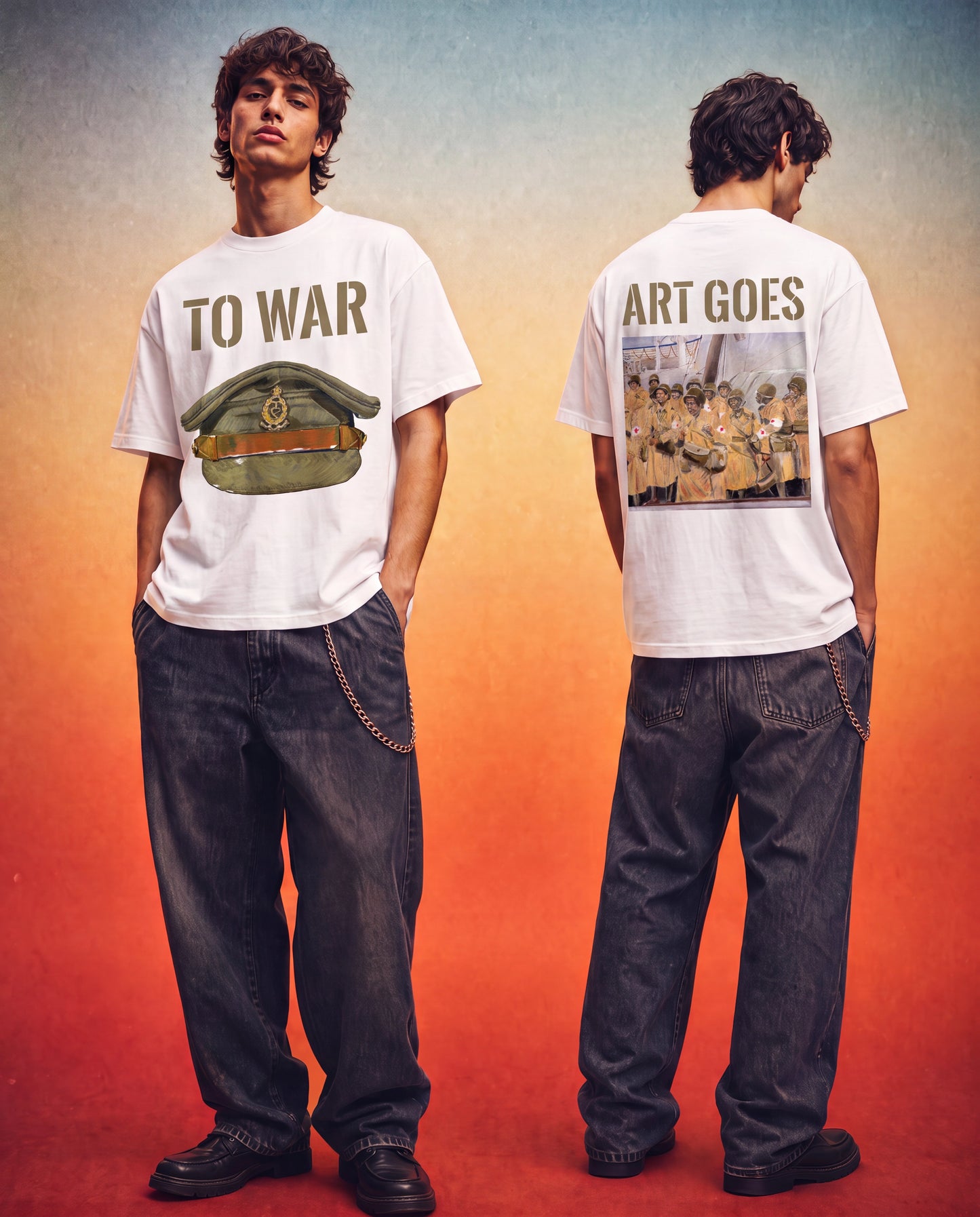 WWII British officer visor cap, US Nurses disembark in Greenock, Scotland, original artwork by Larry Kirwan, white tee, front and back view, Art Goes to War T-shirt, color version