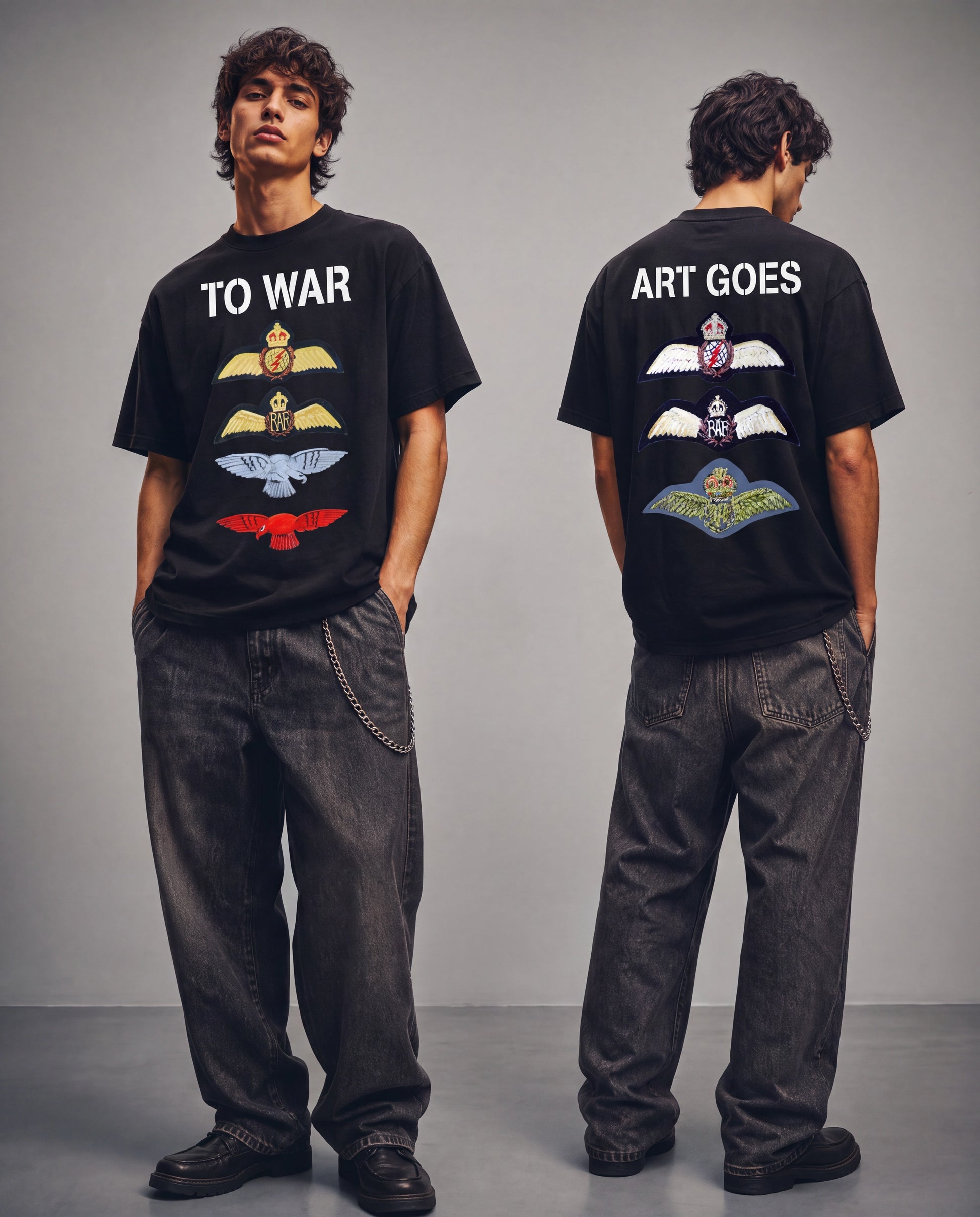 RAF and military aviation wings insignia, original artwork by Larry Kirwan, front and back view, Art Goes to War T-shirt