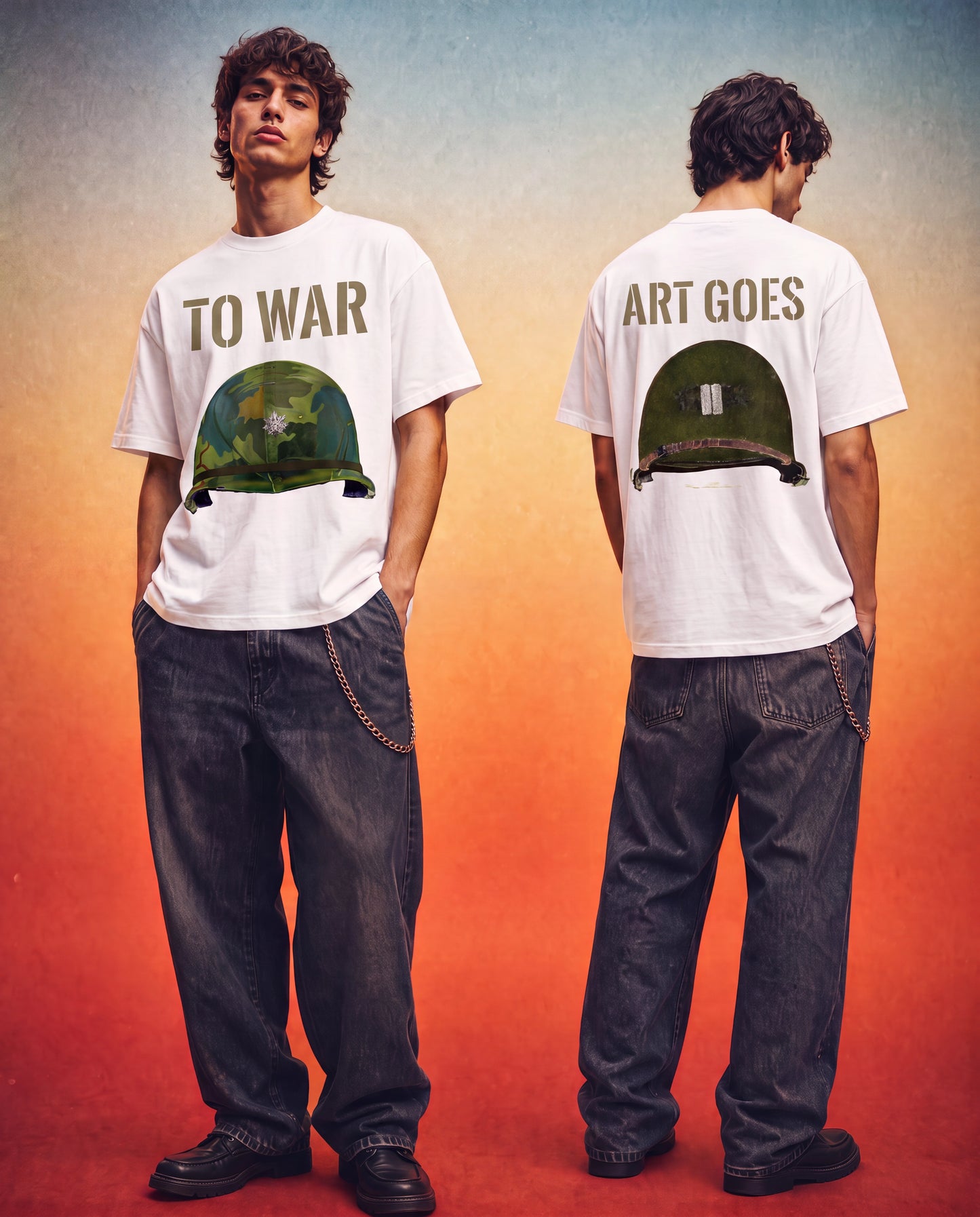 Vietnam War and WWII M1 type steel helmet with and without camouflage cover, original artwork by Larry Kirwan, white tee, front and back view, Art Goes to War T-shirt