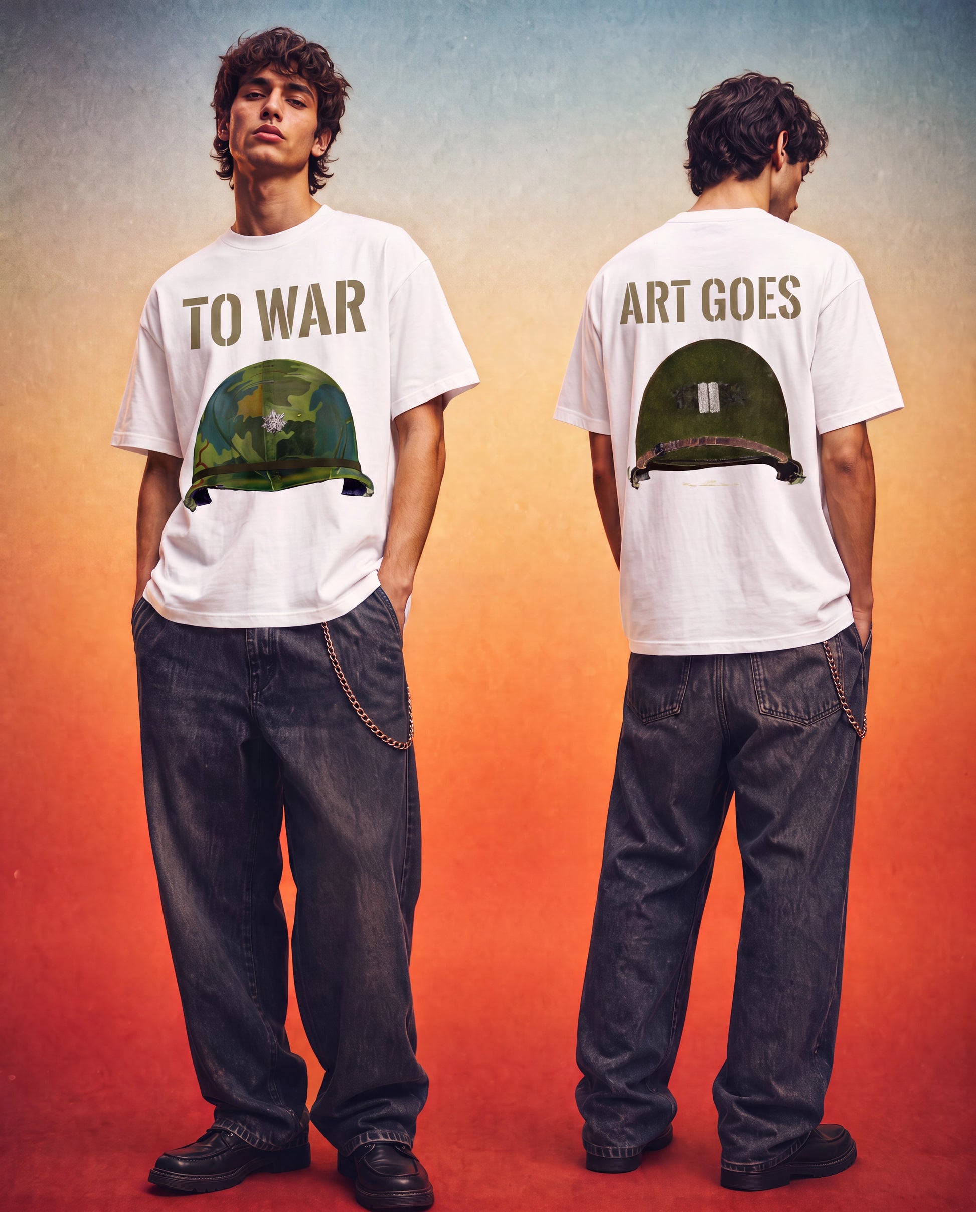 Vietnam War and WWII M1 type steel helmet with and without camouflage cover, original artwork by Larry Kirwan, white tee, front and back view, Art Goes to War T-shirt