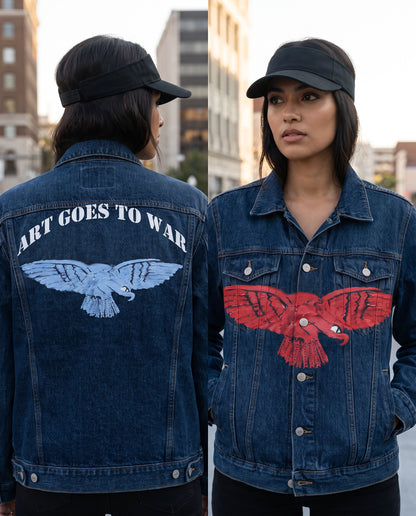Royal Air Force WWII Flying Albatross insignia in red and blue, original artwork by Larry Kirwan, white military stencil print, Art Goes to War jean jacket