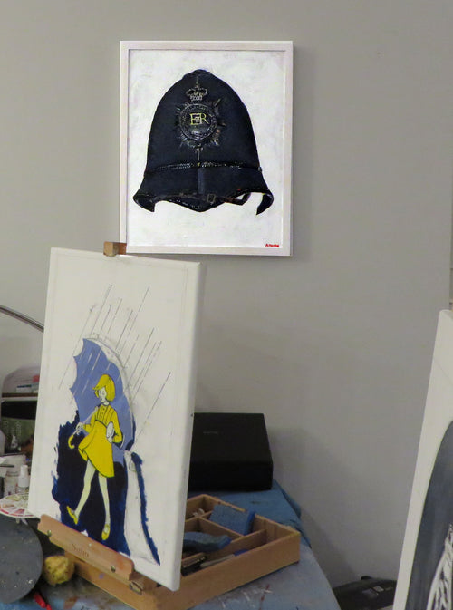 Hertfordshire Police Helmet Black Great Britain - Painting 16x20 SOLD