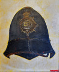 Painting, Helmet, Police Constable Hertfordshire Constabulary Police Helmet Black, dark version, Great Britain. 16"x20" acrylic on canvas panel.