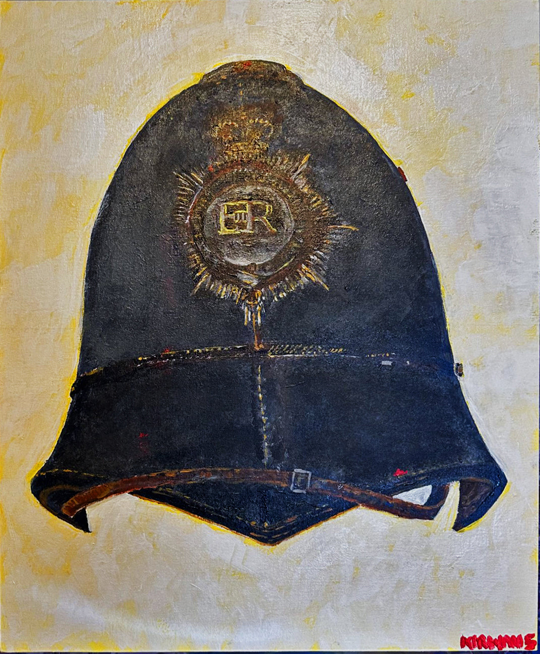 Painting, Helmet, Police Constable Hertfordshire Constabulary Police Helmet Black, dark version, Great Britain. 16"x20" acrylic on canvas panel.