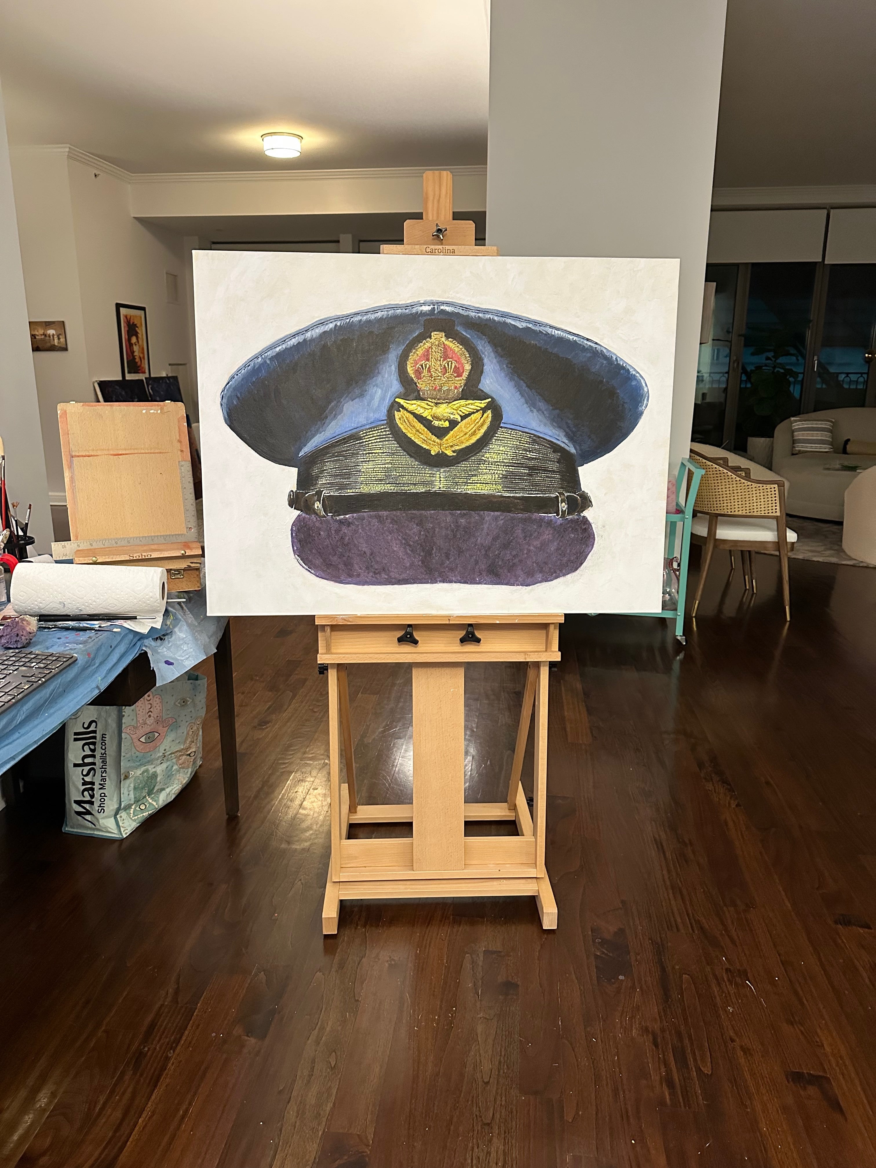 Painting, Royal Air Force, RAF, Ordinary Airman Visor Cap WW2. 22"x28"x1/2" acrylic on canvas.