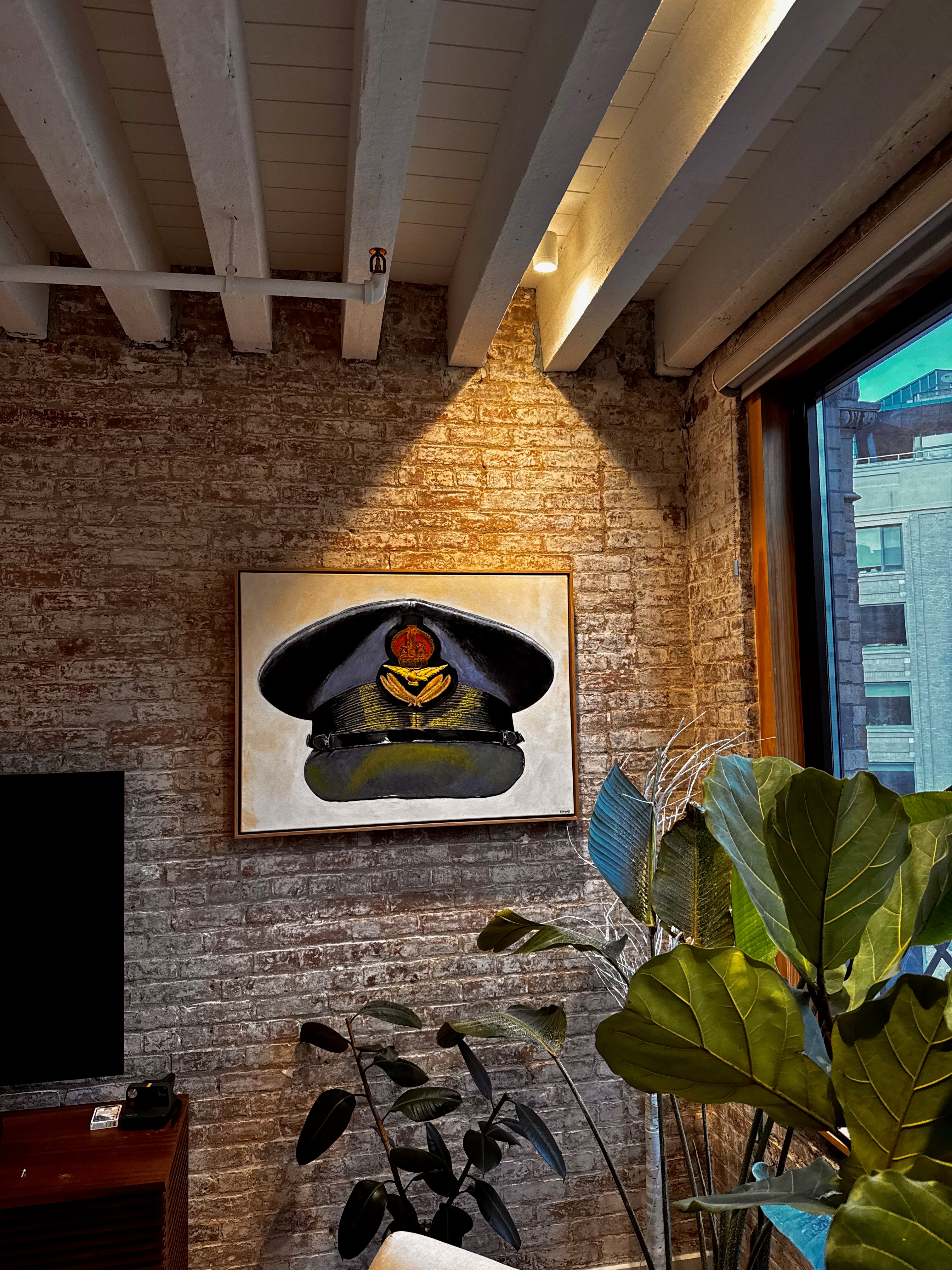 Painting, Royal Air Force, RAF, Pilot Officer Visor Cap, Boscombe Down Air Field WW2 1944. 30"H x 40"W x 1 13/16" Deep.