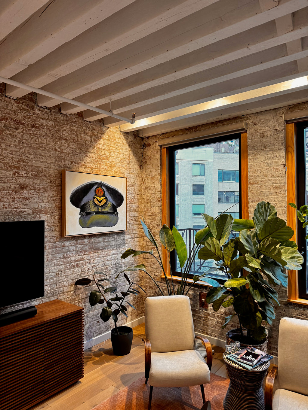 Painting, Royal Air Force, RAF, Pilot Officer Visor Cap, Boscombe Down Air Field WW2 1944. 30"H x 40"W x 1 13/16" Deep.