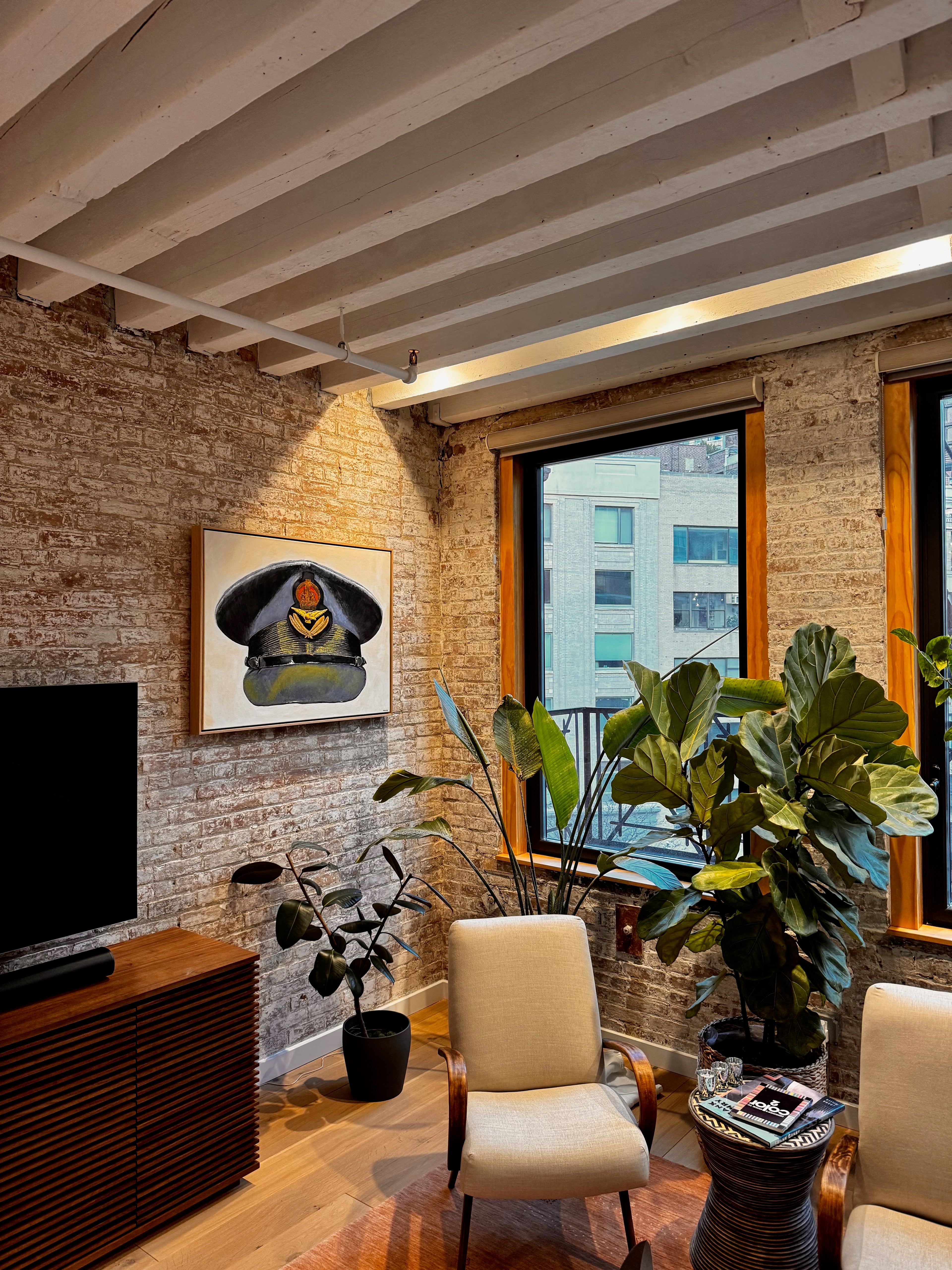 Painting, Royal Air Force, RAF, Pilot Officer Visor Cap, Boscombe Down Air Field WW2 1944. 30"H x 40"W x 1 13/16" Deep.