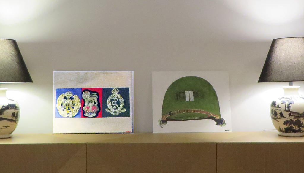 Painting, Insignia, Cap Badges. British Armed Services World War Two. 16"x20"x1/2" acrylic on canvas.