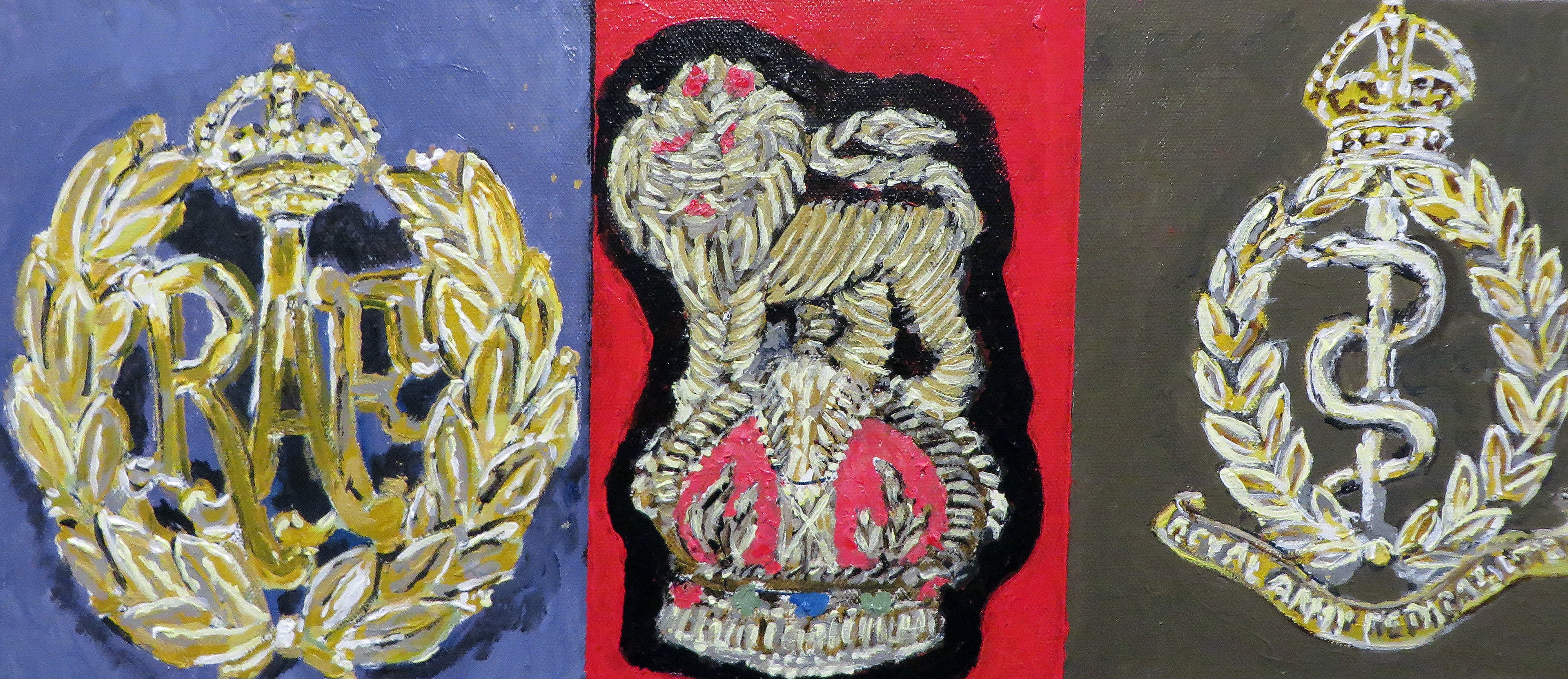 Painting, Insignia, Cap Badges. British Armed Services World War Two. 16"x20"x1/2" acrylic on canvas.