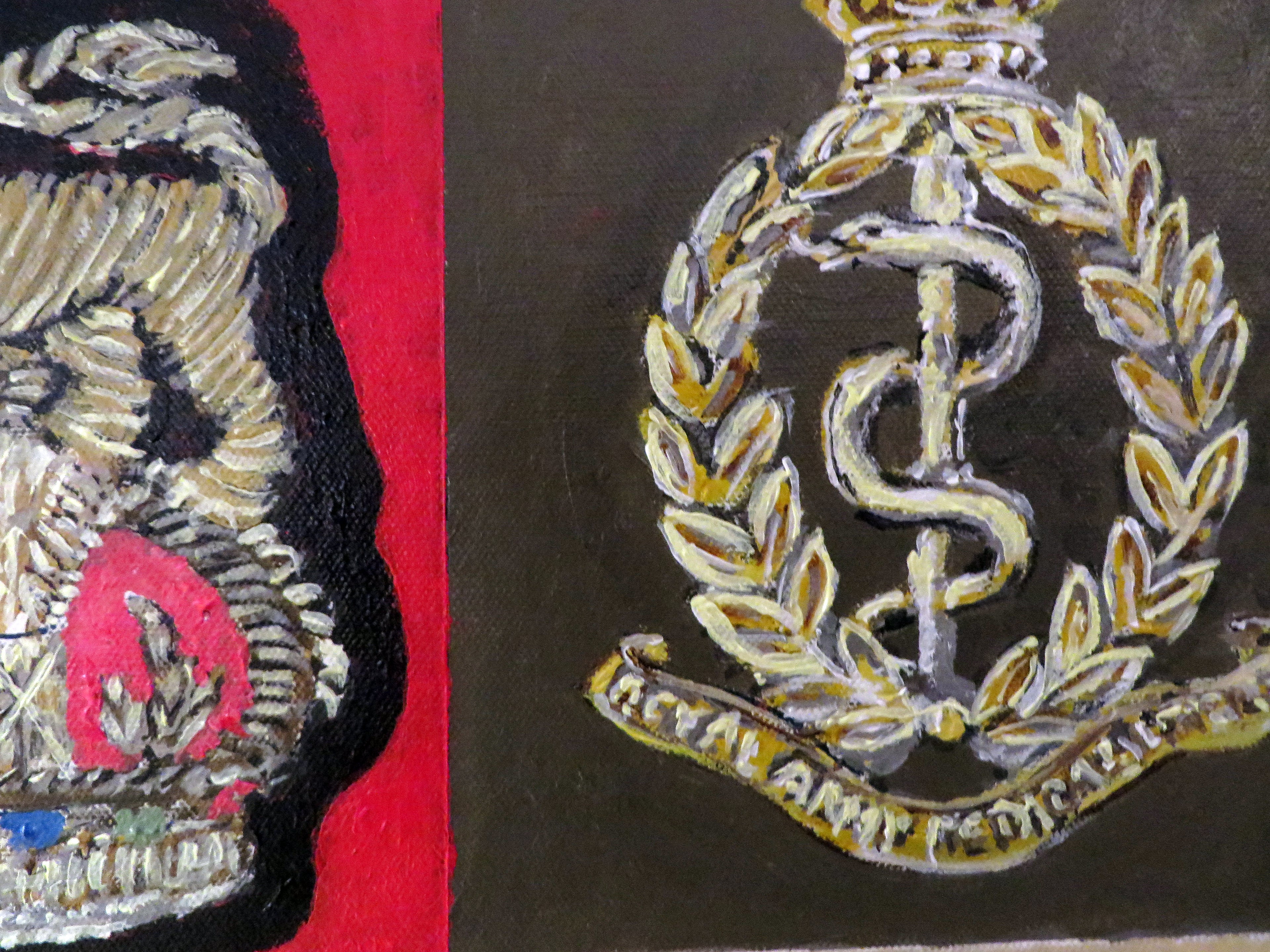 Painting, Insignia, Cap Badges. British Armed Services World War Two. 16"x20"x1/2" acrylic on canvas.