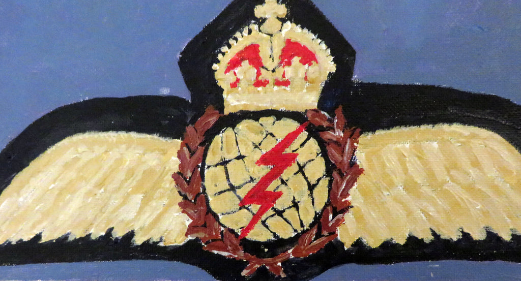 Painting, Insignia, RAF and RCAF Pilot Navigator and Pilot Officer Wings and RAF Shoulder Sleeve Insignia Ordinary Airman, WW2.  16" x 20" on Canvas Panel.