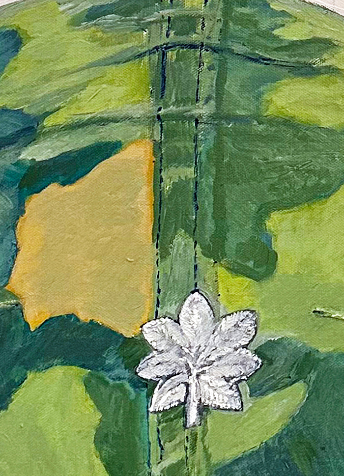 Painting, Helmet, M1 Helmet, US Army, Navy, Marines. Vietnam War with Mitchell Camouflage Cover, dated 1959. 24"x 30"x1/2" Acrylic on Canvas&nbsp; dated 12.2.25.