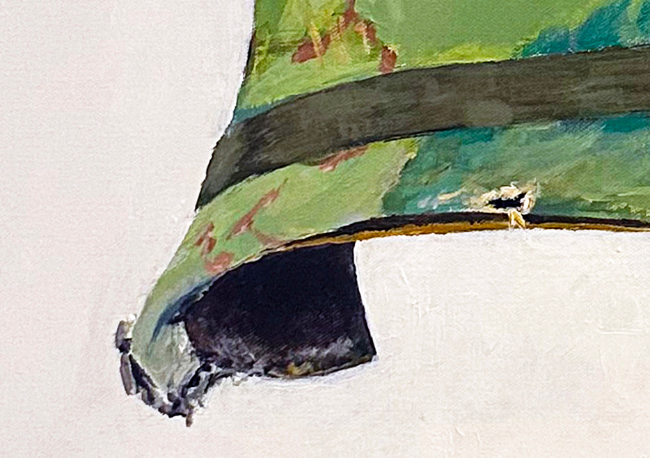 Painting, Helmet, M1 Helmet, US Army, Navy, Marines. Vietnam War with Mitchell Camouflage Cover, dated 1959. 24"x 30"x1/2" Acrylic on Canvas&nbsp; dated 12.2.25.