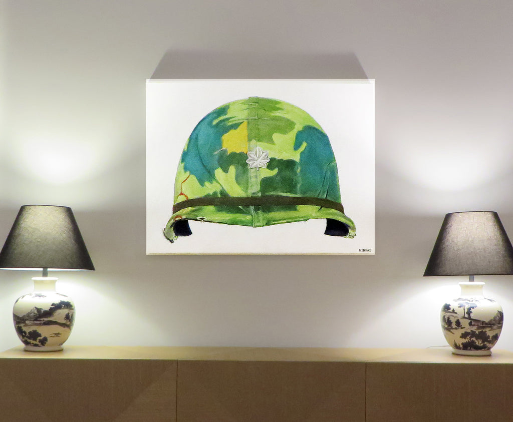 Painting, Helmet, M1 Helmet with Mitchell Camouflage Cover, Lt. Col. Vietnam Era, 1959.  30"H x 40"W x 1 13/16" acrylic on canvas.