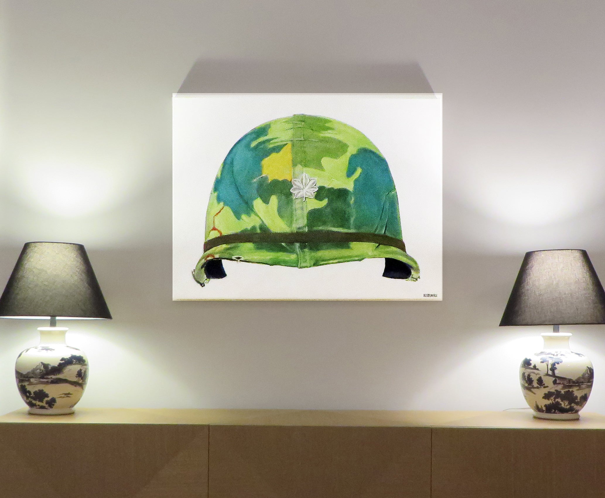 Painting, Helmet, M1 Helmet with Mitchell Camouflage Cover, Lt. Col. Vietnam Era, 1959.  30"H x 40"W x 1 13/16" acrylic on canvas.