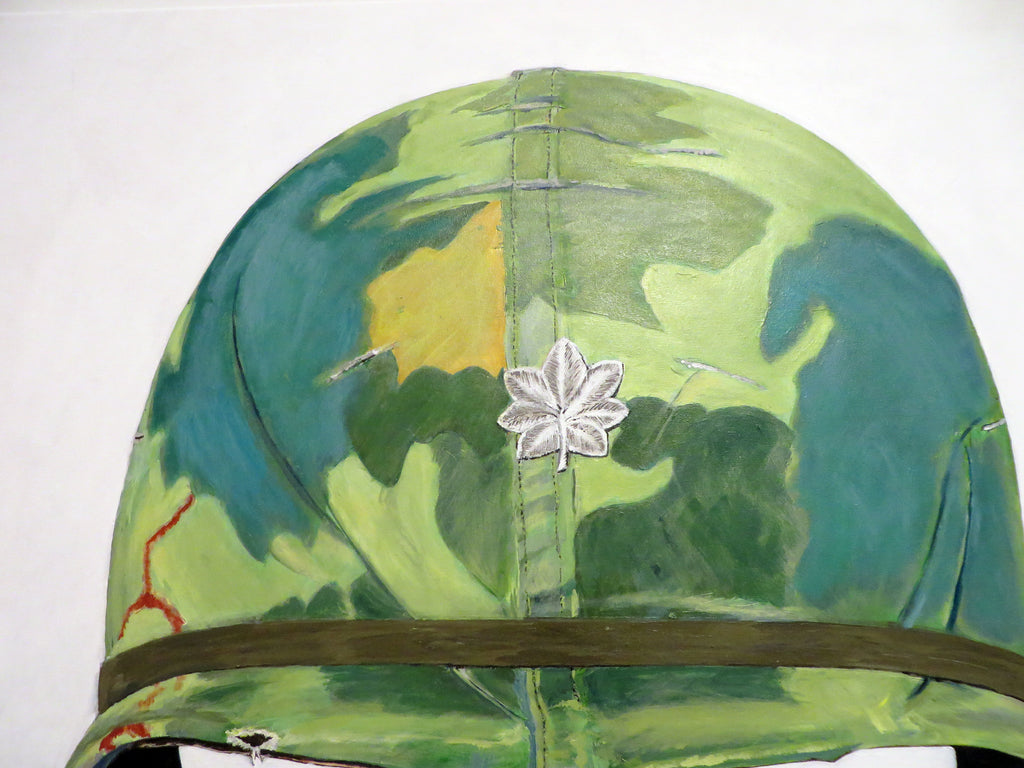 Painting, Helmet, M1 Helmet with Mitchell Camouflage Cover, Lt. Col. Vietnam Era, 1959.  30"H x 40"W x 1 13/16" acrylic on canvas.