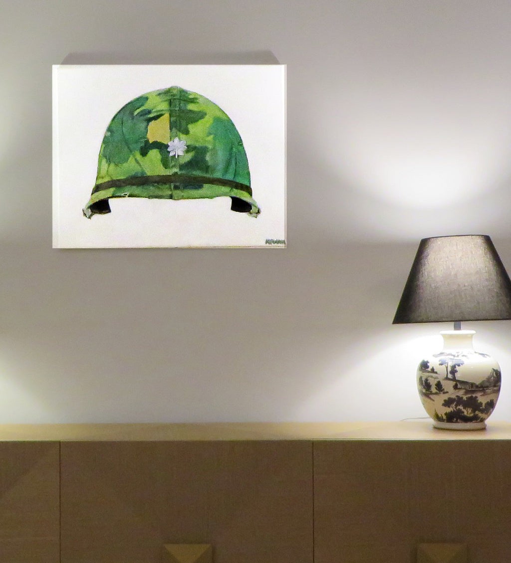 Painting, Helmet, M1 Helmet, US Army, Navy, Marines. Vietnam War with Mitchell Camouflage Cover, dated 1959. 24"x 30"x1/2" Acrylic on Canvas&nbsp; dated 12.2.25.