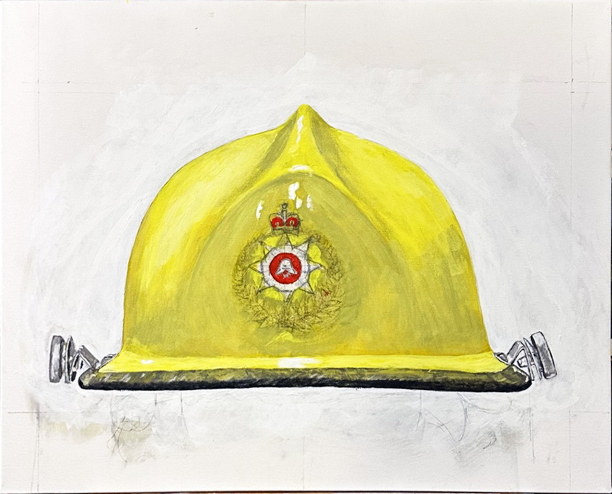 Painting, Helmet,Fire Helmet,  Metro Fire Helmet New Zealand Fire Service, 1984. 24"x30"x1 13/16" acrylic on canvas.