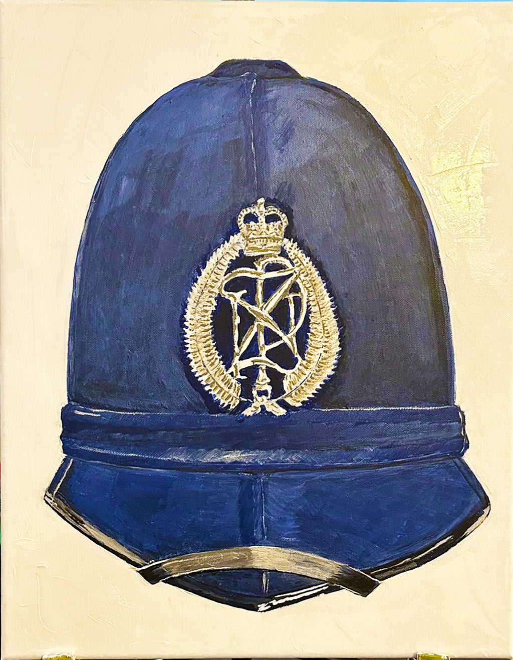 Painting, Helmet, Police Constable, Helmet, New Zealand Police Helmet Blue Winter Version discontinued 1995. 16"x20"x1/2" acrylic on canvas.