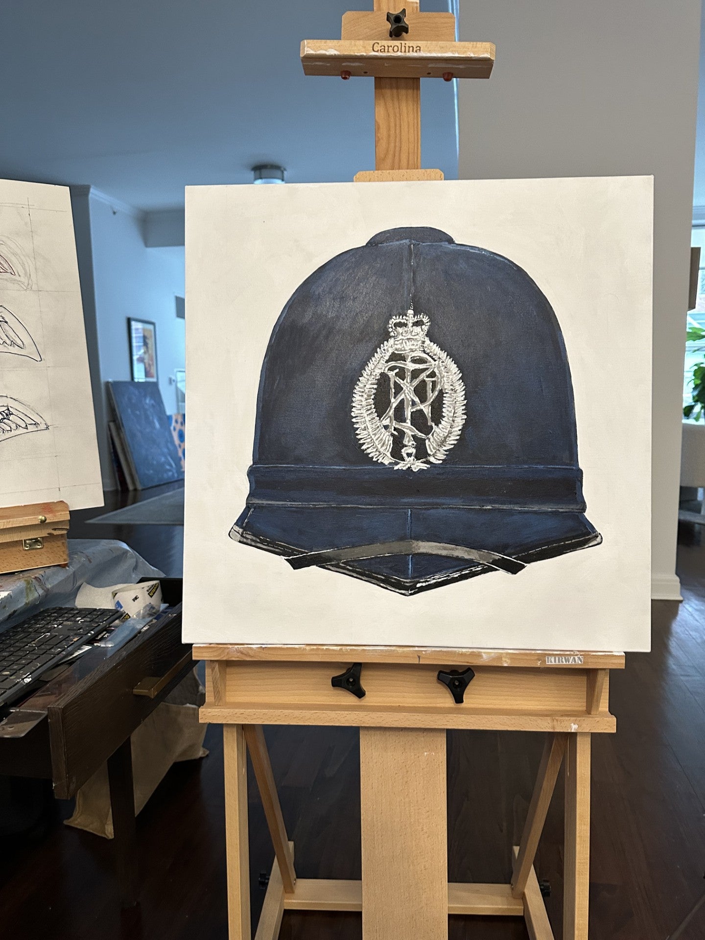 Painting, Helmet, Police Constable, New Zealand Police Helmet Blue Winter Version discontinued 1995. 24"x 24"x 11 13/16"" acrylic on canvas.. dated 1.10.2026
