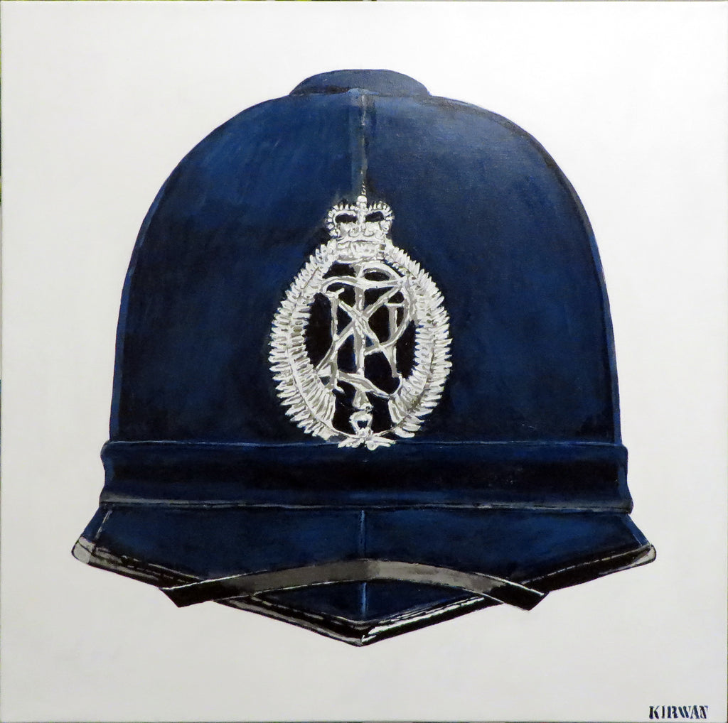 Painting, Helmet, Police Constable, New Zealand Police Helmet Blue Winter Version discontinued 1995. 24"x 24"x 11 13/16"" acrylic on canvas.. dated 1.10.2026