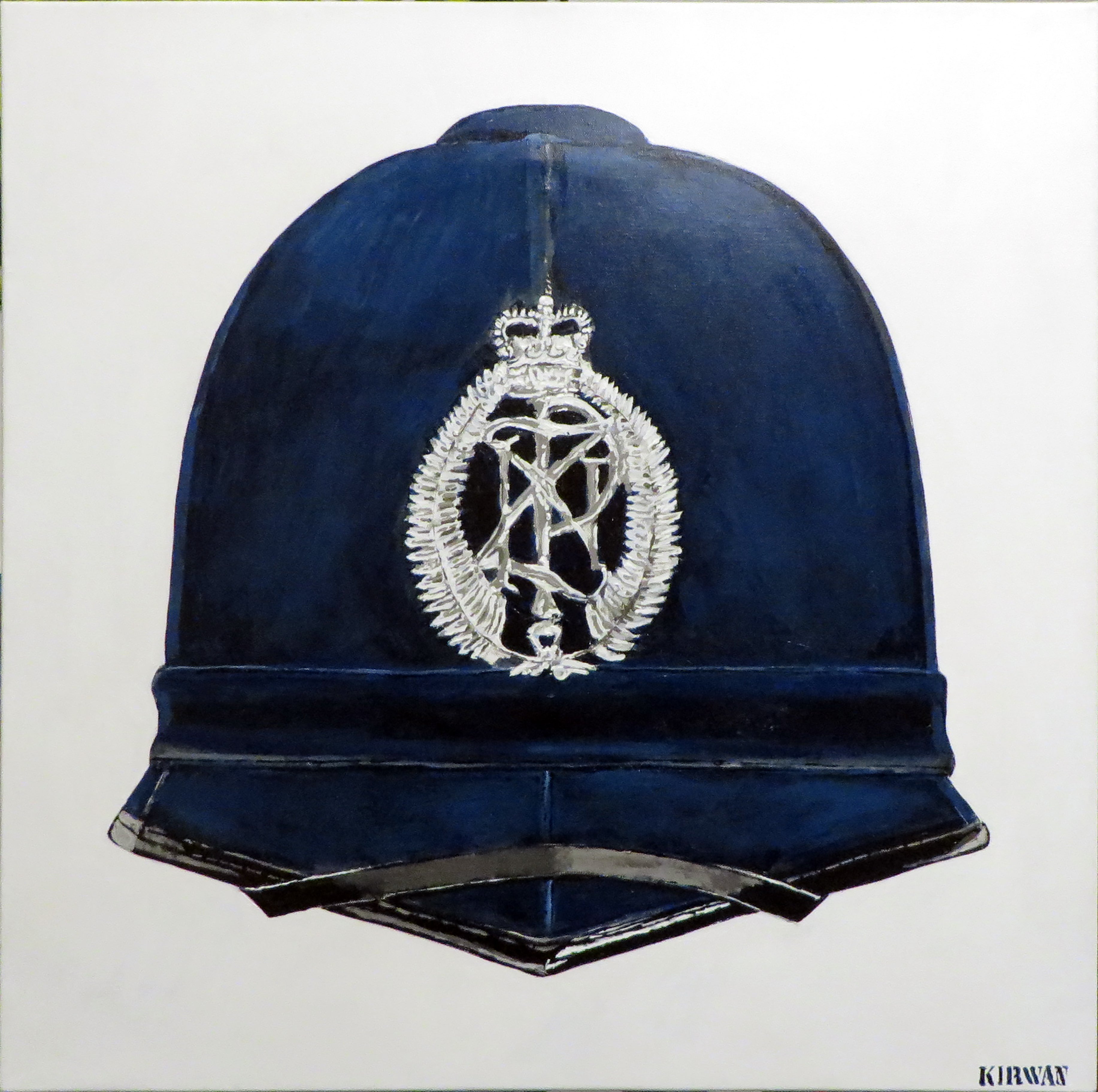 Painting, Helmet, Police Constable, New Zealand Police Helmet Blue Winter Version discontinued 1995. 24"x 24"x 11 13/16"" acrylic on canvas.. dated 1.10.2026