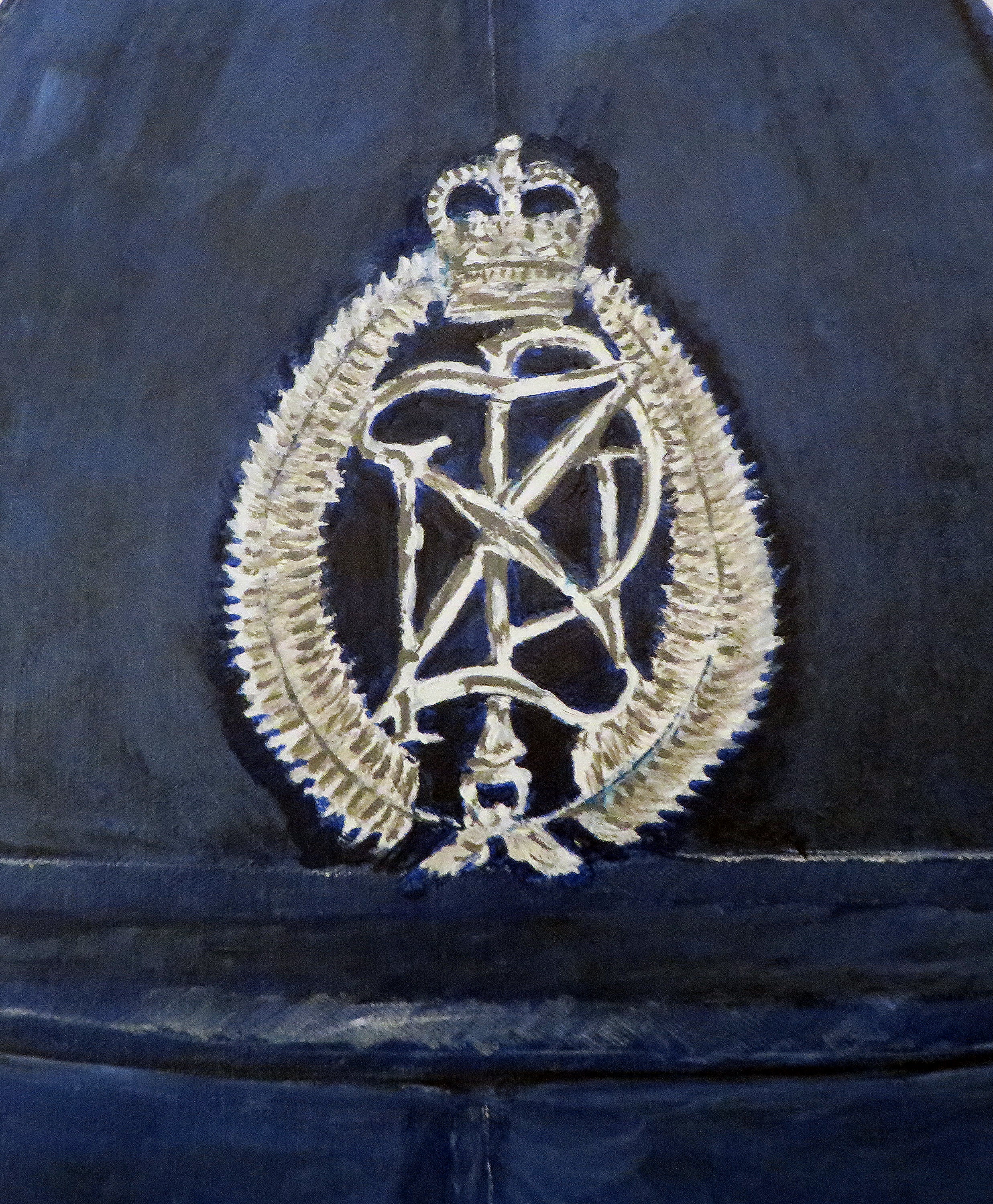 Painting, Helmet, Police Constable, Helmet, New Zealand Police Helmet Blue Winter Version discontinued 1995. 16"x20"x1/2" acrylic on canvas.