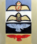 Painting, Insignia, RAF and RCAF Pilot Navigator and Pilot Officer Wings and RAF Shoulder Sleeve Insignia Ordinary Airman, WW2.  16" x 20" on Canvas Panel.