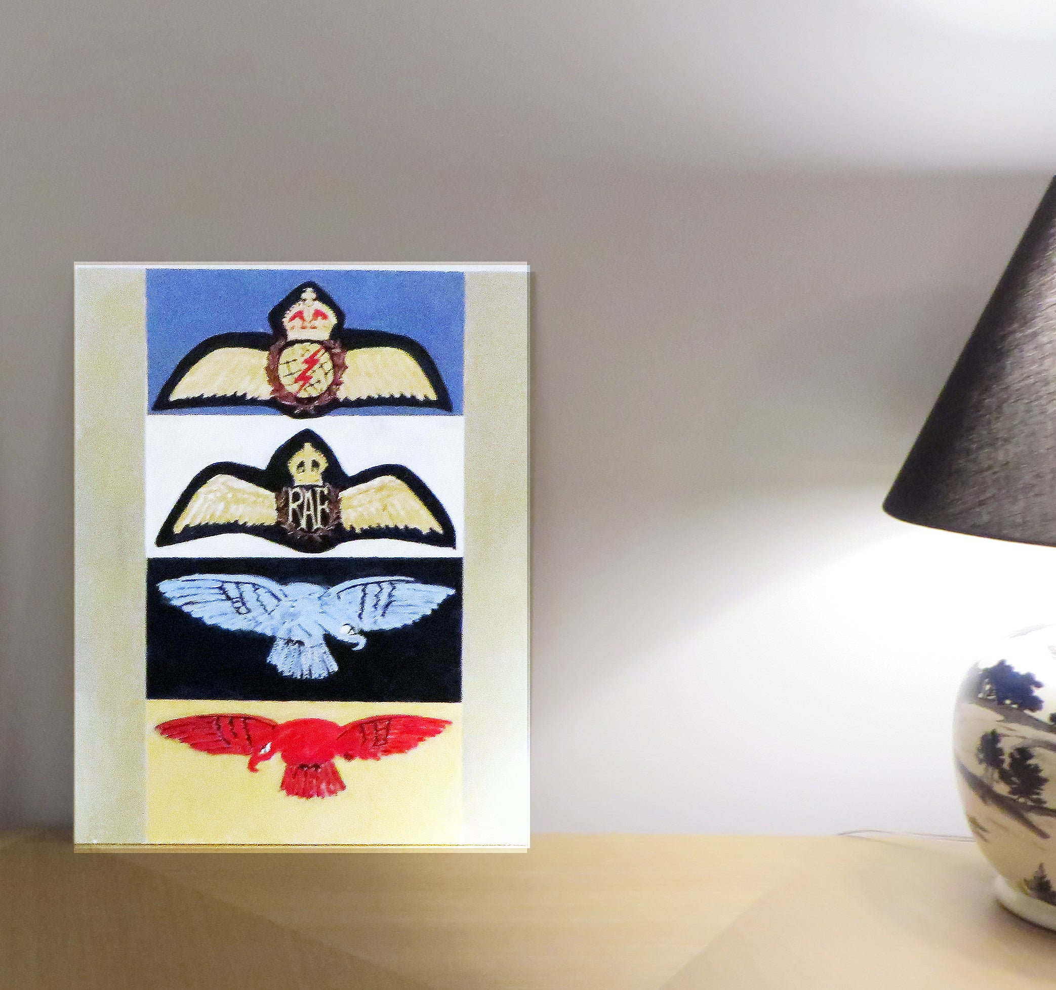 Painting, Insignia, RAF and RCAF Pilot Navigator and Pilot Officer Wings and RAF Shoulder Sleeve Insignia Ordinary Airman, WW2.  16" x 20" on Canvas Panel.