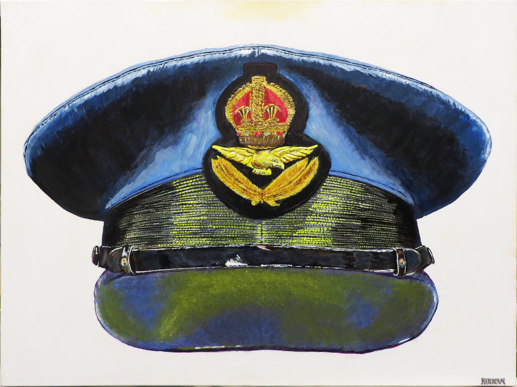 Painting, Royal Air Force, RAF, Pilot Officer Visor Cap, Boscombe Down Air Field WW2 1944. 30"H x 40"W x 1 13/16" Deep.