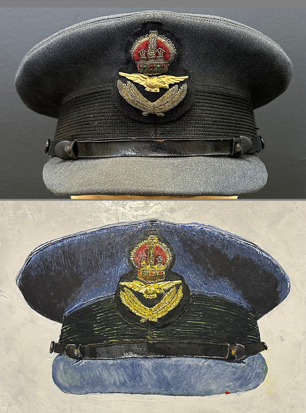 Painting, Royal Air Force, RAF, Ordinary Airman Visor Cap WW2. 22"x28"x1/2" acrylic on canvas.