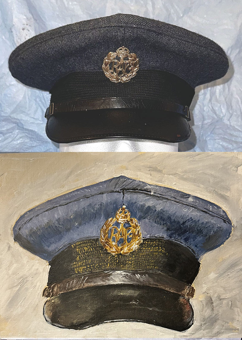 Painting, Royal Air Force, RAF, Ordinary Airman Visor Cap WW2. 22"x28"x1/2" acrylic on canvas.