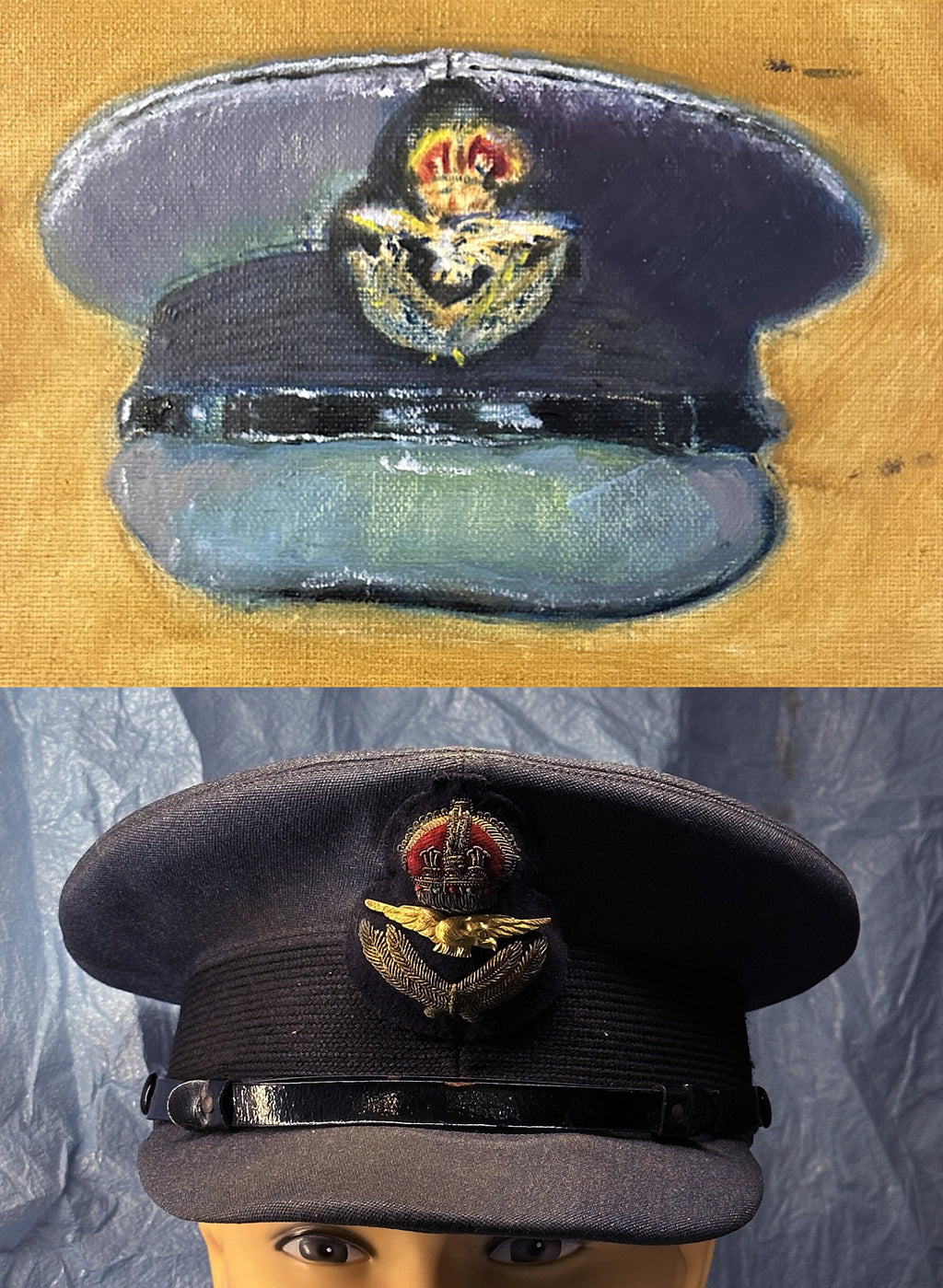 Painting, Royal Air Force, RAF, Ordinary Airman Visor Cap WW2. 22"x28"x1/2" acrylic on canvas.