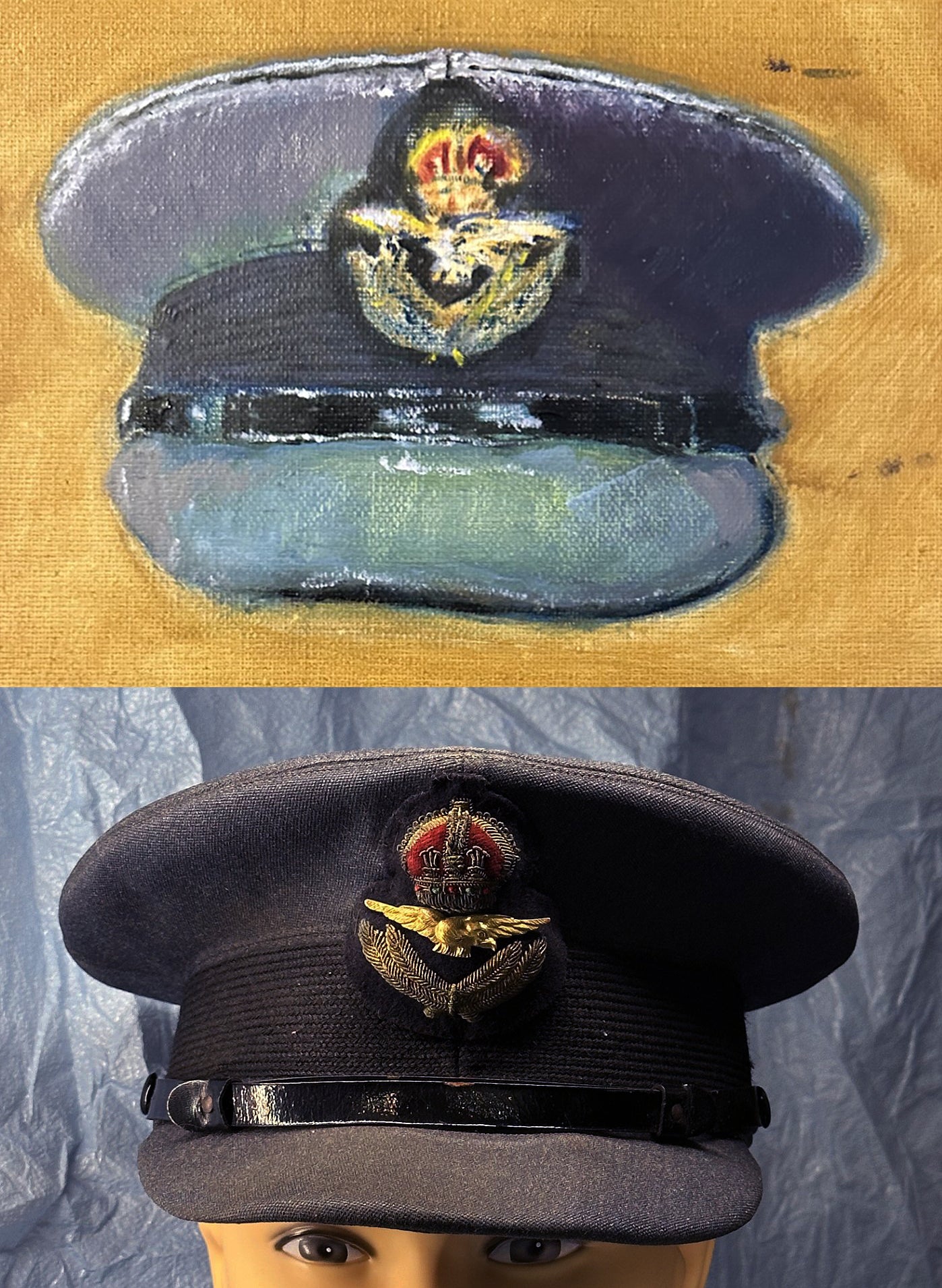 Painting, Royal Air Force, RAF, Ordinary Airman Visor Cap WW2. 22"x28"x1/2" acrylic on canvas.