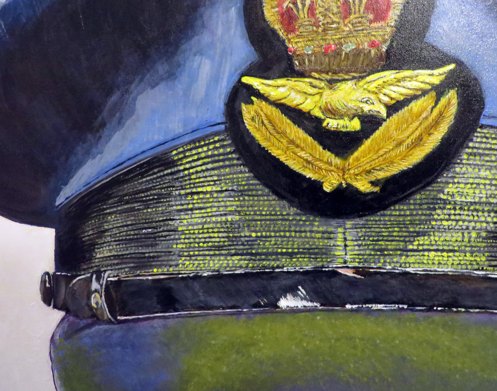 Painting, Royal Air Force, RAF, Pilot Officer Visor Cap, Boscombe Down Air Field WW2 1944. 30"H x 40"W x 1 13/16" Deep.