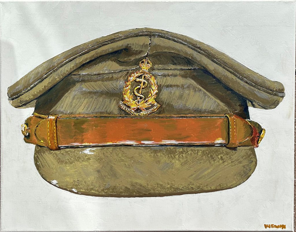 Painting, Royal Army Medical Corps RAMC WW2 Khaki No.2 Dress, Officer Visor Cap. 22"x28"x1/2" acrylic on canvas.