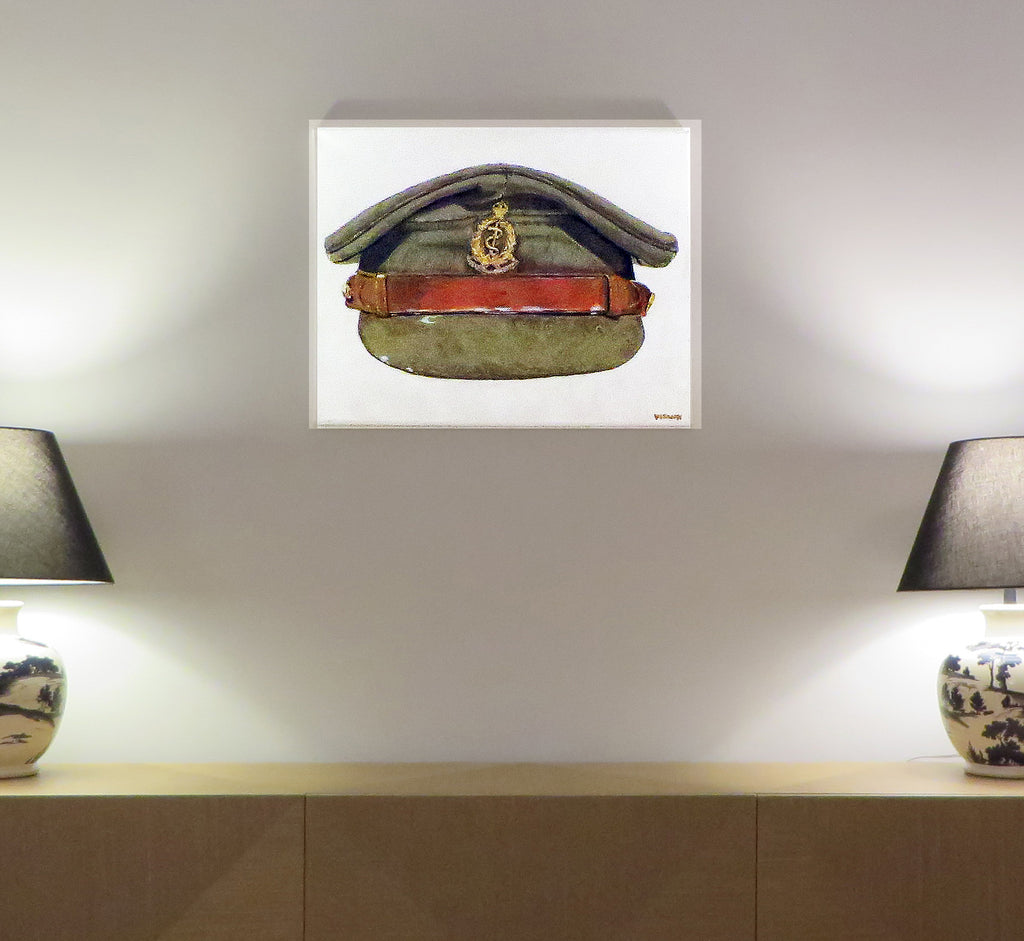 Painting, Royal Army Medical Corps RAMC WW2 Khaki No.2 Dress, Officer Visor Cap. 22"x28"x1/2" acrylic on canvas.