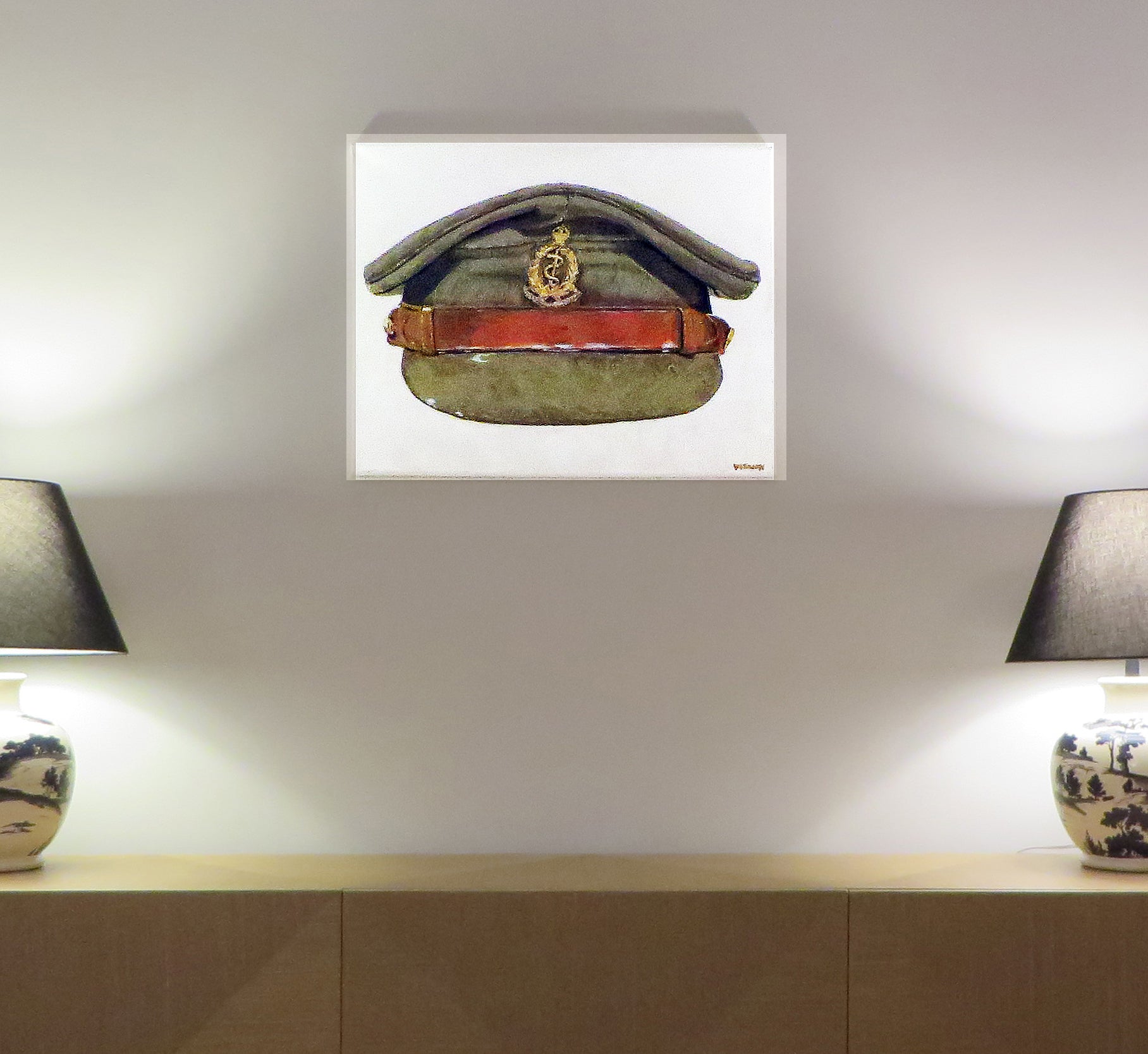 Painting, Royal Army Medical Corps RAMC WW2 Khaki No.2 Dress, Officer Visor Cap. 22"x28"x1/2" acrylic on canvas.