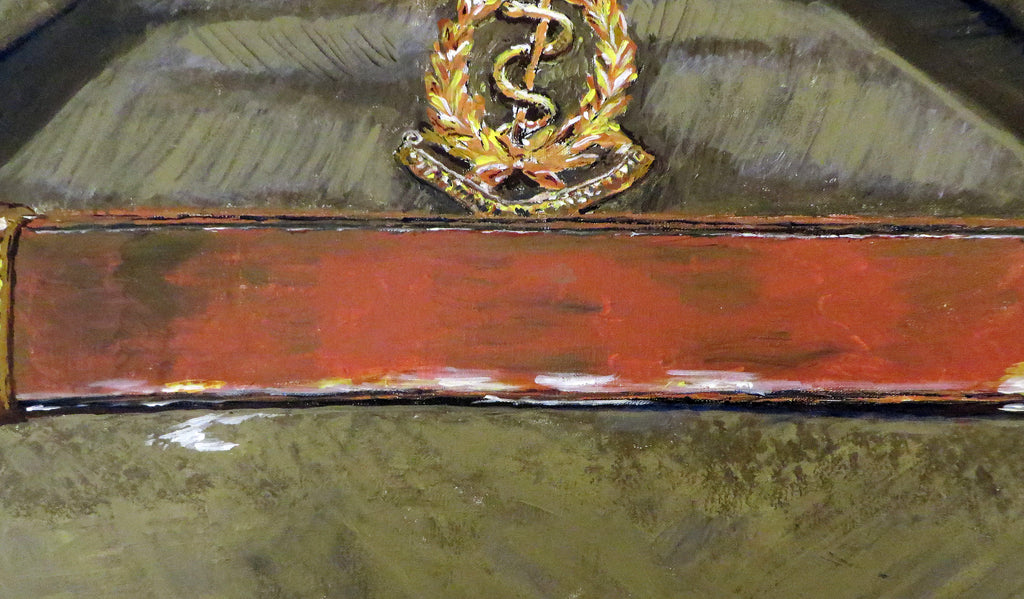Painting, Royal Army Medical Corps RAMC WW2 Khaki No.2 Dress, Officer Visor Cap. 22"x28"x1/2" acrylic on canvas.