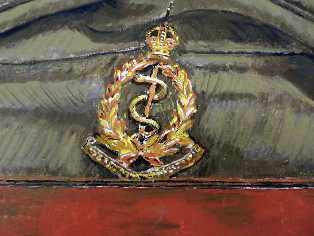 Painting, Royal Army Medical Corps RAMC WW2 Khaki No.2 Dress, Officer Visor Cap. 22"x28"x1/2" acrylic on canvas.
