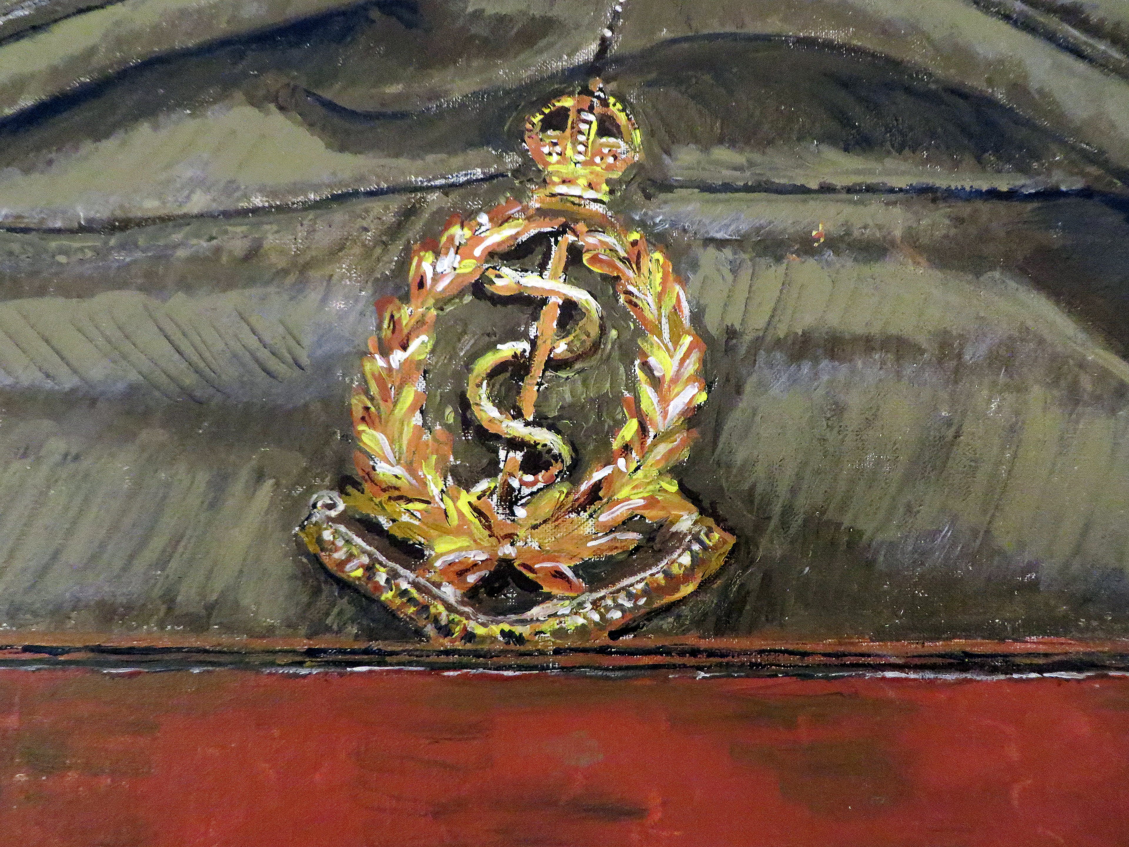 Painting, Royal Army Medical Corps RAMC WW2 Khaki No.2 Dress, Officer Visor Cap. 22"x28"x1/2" acrylic on canvas.