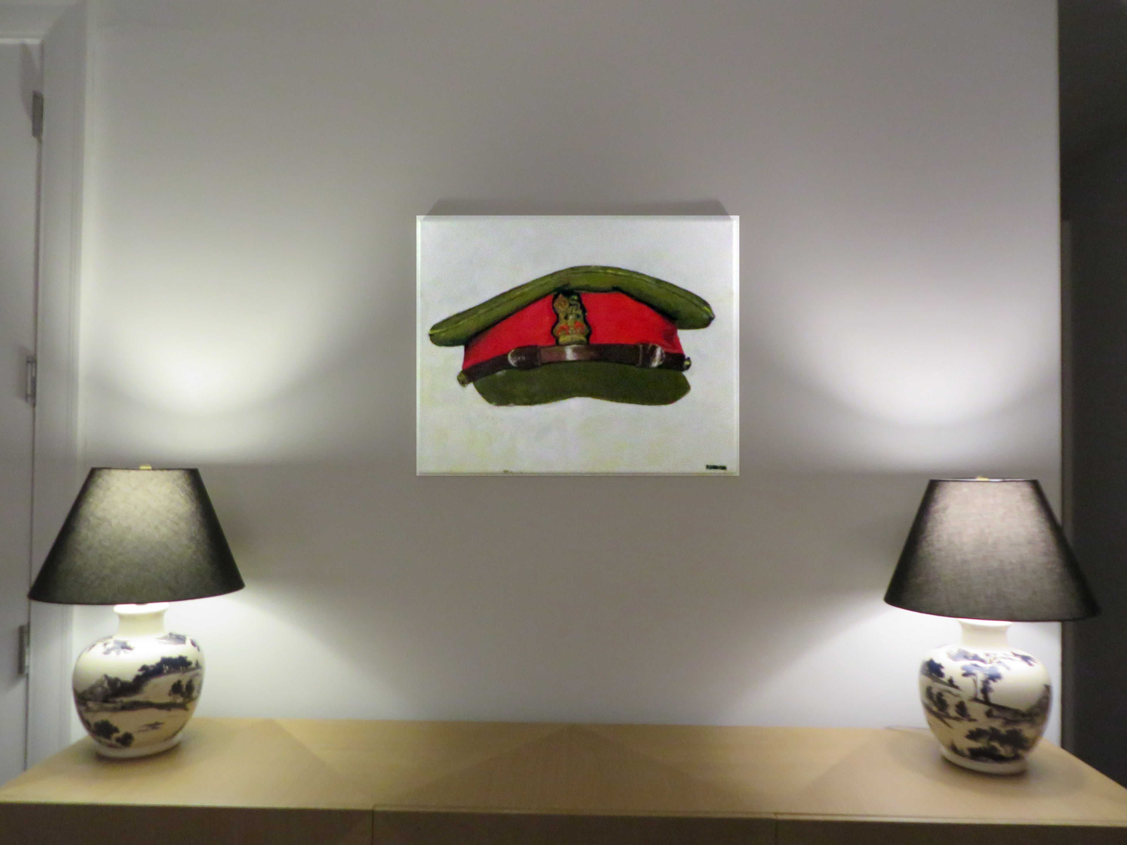 Painting, British Army Staff Officer, WW2, Brigadier Visor Cap with bullion insignia and red band. 24"x30"x1/2" acrylic on canvas.